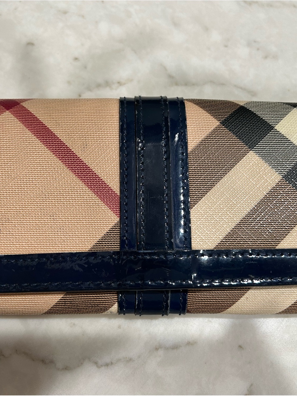 Burberry Beige Check Wallet with Navy Patent Trim
